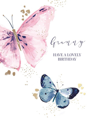 Moonpig Hotchpotch Pink And Blue Illustrated Watercolour Butterflies Granny Birthday Card