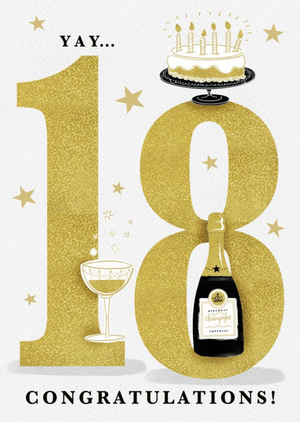 Moonpig Large Golden Number With Illustrations Of Cake And Wine Eighteenth Birthday Card
