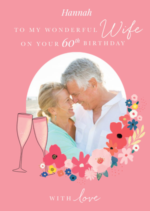 Moonpig Photo Upload Illustrated Champagne And Flowers Wife Birthday Card