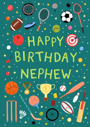 Moonpig Happy Birthday Nephew Illustrated Sports Equiptment Card