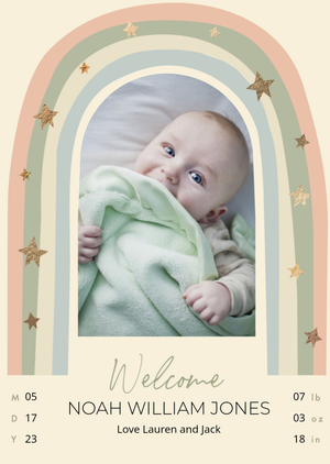 Moonpig Heartwarming Katt Jones Arched Photo Frame Rainbow And Stars Photo Upload New Baby Card