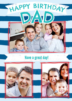 Moonpig Photo Frames With Red Borders On A Blue Striped Background Dad's Photo Upload Birthday Card