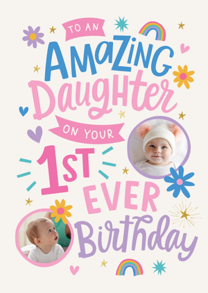 Dotty Black Amazing Daughter 1st Ever Birthday Photo Upload Card