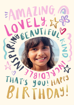 Moonpig Amazing Lovely Beautiful Kind Incredible Inspiring Typographic Photo Upload Birthday Card