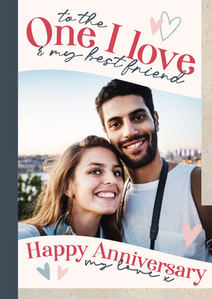 Moonpig Featuring A Large Photo Frame With Handwritten Typography And Hearts Anniversary Photo Upload Card
