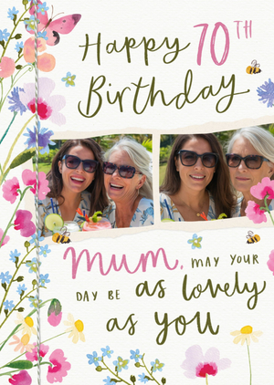 Moonpig Mum Floral Illustrated Photo Upload 70th Birthday Card