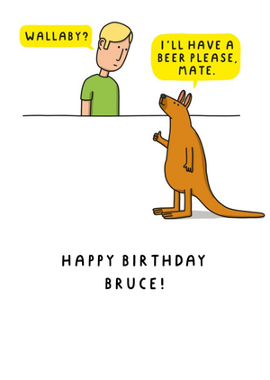 Moonpig Illustration Of A Shop Keeper Talking To A Wallaby Funny Pun Birthday Card