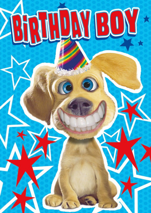 Moonpig Funny Cartoon Illustration Of A Dog Smiling Surrounded By Stars Birthday Boy Card