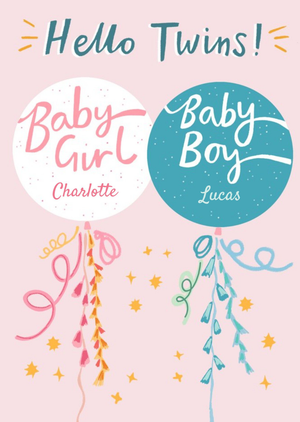 Moonpig Cute Illustrated Hello Twins Balloons New Baby Card
