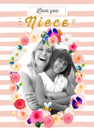 Moonpig Stripes And Flower Border Personalised Photo Upload Birthday Card For Niece