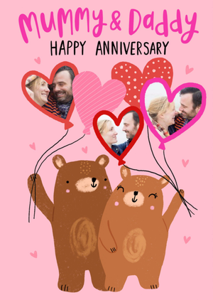 Moonpig Illustration Of Two Bears With Heart Shaped Balloons Mummy & Daddy's Photo Upload Anniversary Card