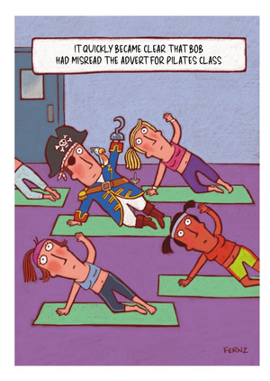 Moonpig Funny Cartoon Birthday Card - Pirates Pilates - Fitness - Exercise