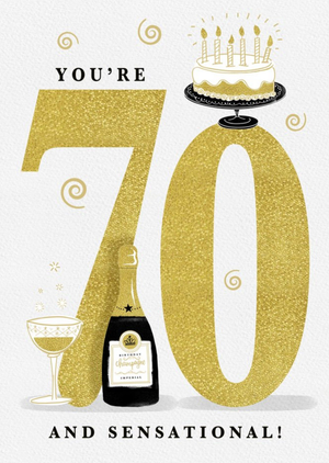 Moonpig Large Golden Number With Illustrations Of Cake And Wine Seventieth Birthday Card