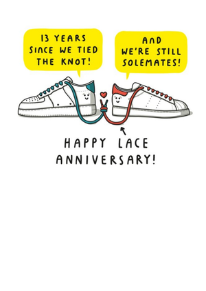 Moonpig Pair Of Trainers Tying The Knot Cartoon Illustration Thirteenth Anniversary Funny Pun Card