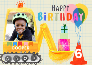 Moonpig Fun Katt Jones Illustrated Digger Carrying Presents Photo Upload Birthday Card