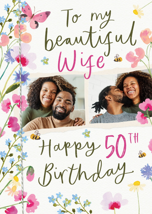 Moonpig Wife Floral Illustrated Photo Upload 50th Birthday Card