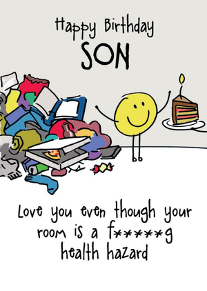 Moonpig Illustration Of A Yellow Character In A Messy Room Funny Son's Birthday Card