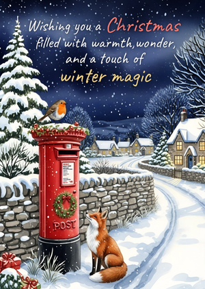 Moonpig Snowy Village Robin And Fox Traditional Christmas Card