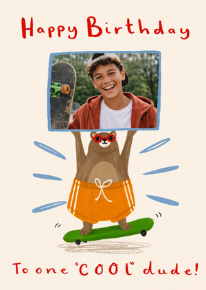 Moonpig Cool Dude Illustrated Skateboarding Bear Photo Upload Birthday Card