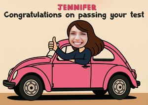 Moonpig Cartoon Pink Car Photo Upload Driving Test Congratulations Card