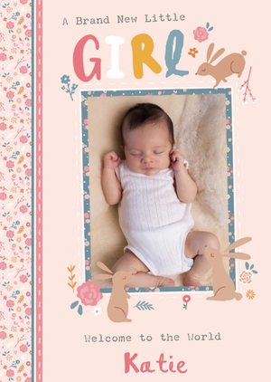 Moonpig Illustrations Of Rabbits And Flowers Welcome To The World Photo Upload New Baby Card