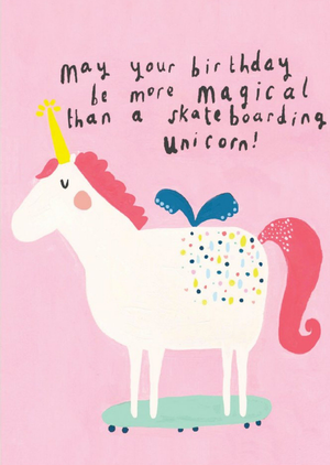 Sooshichacha Funny Magical Skateboarding Unicorn Birthday Card