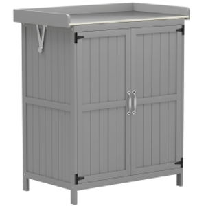 Outsunny Armario de jardín, armario de herramientas para exterior, con superficie de trabajo, madera y acero inoxidable, puertas dobles, Gris