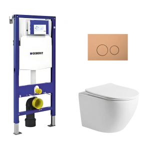 Toiletset Pietro tornado flush glans wit met bedieningspaneel flat copper geborsteld RVS en Geberit Duofix WC-element (UP320)