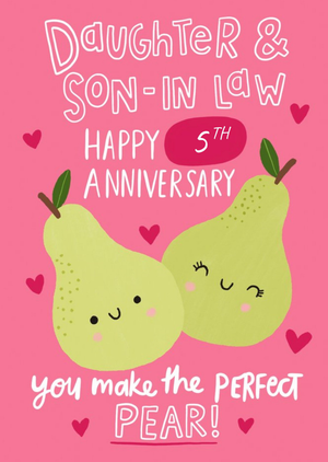Moonpig Illustration Of Two Pears On A Pink Background Daughter And Son In Law Anniversary Card