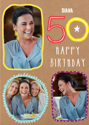 Moonpig Colourful Typographic Multi Photo Upload 50th Birthday Card