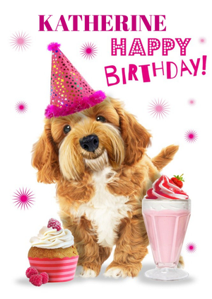 Moonpig Cute Dog With Milkshake And Party Hat Personalised Card