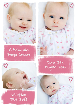 Moonpig Designers Little Hearts Personalised Photo Upload Baby Girl Card