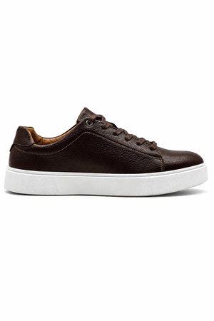Men’s Coffee Brown Grain-Effect Faux Leather Lace-Up Trainers