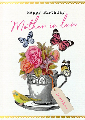 Moonpig Vintage Flowers Butterflies Traditional Happy Birthday Card For Mother In Law