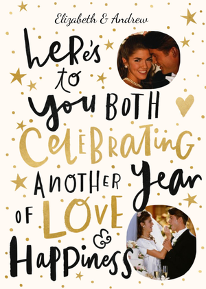 Moonpig Double Photo Upload Black & Gold Typographic Wedding Card