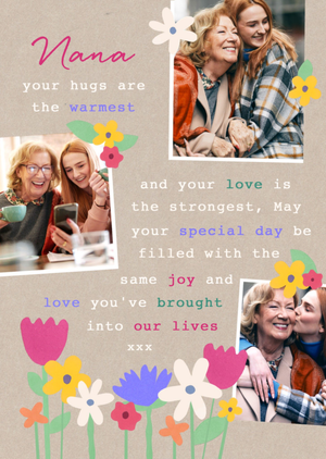 Moonpig Pretty Lovely Nana Your Hugs Are The Warmest Floral Illustration Photo Upload Mother's Day Card