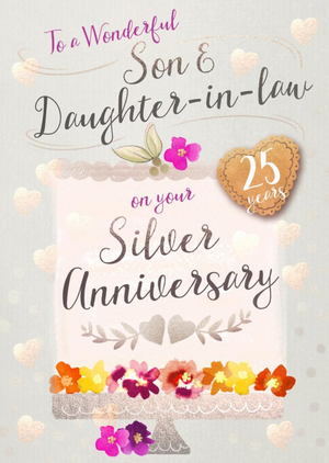 Moonpig Illustration Of A Cake Decorated With Flowers Twenty Fifth Silver Anniversary Card