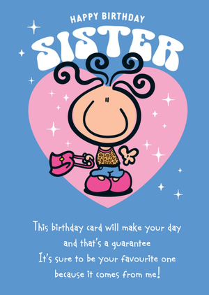 Bubblegum Happy Birthday Sister Cartoon Character & Heart Card