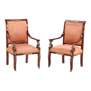 Early 20th Century Pair Figural Bronze Mounted Armchairs in Empire Style
