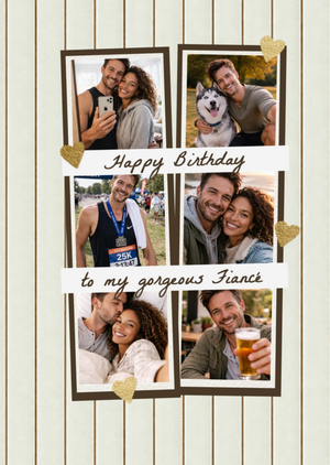 Moonpig Happy Birthday Fiancé Gold Hearts And Stripped Photo Collage Card