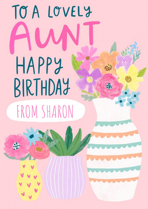 Moonpig Illustration Of Three Vases Of Colourful Flowers Auntie's Birthday Card