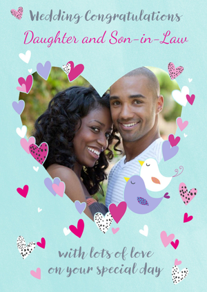Moonpig Heart Shaped Photo Frame Surrounded By Hearts And Love Birds Wedding Day Photo Upload Card