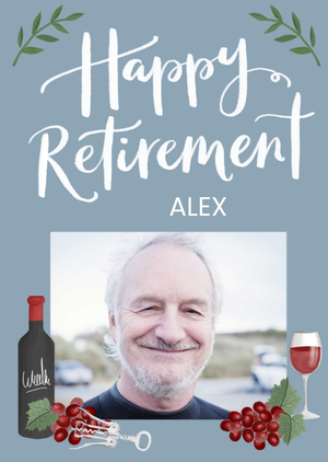 Okey Dokey Design Illustration Red Wine And Grapes Happy Retirement Photo Upload Card