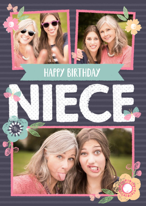 Moonpig Stripes And Flowers Multi-Photo Happy Birthday Card - Niece