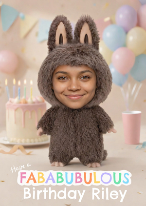 Moonpig Cute Trendy Bunny Costume Soft Toy Face Swap Birthday Card