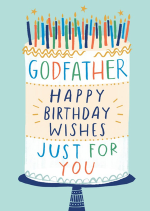 Moonpig Illustration Of A Birthday Cake On A Teal Background Godfather's Birthday Card