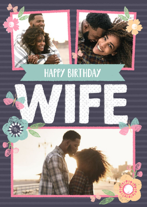 Moonpig Stripes And Flowers Multi-Photo Happy Birthday Wife Card