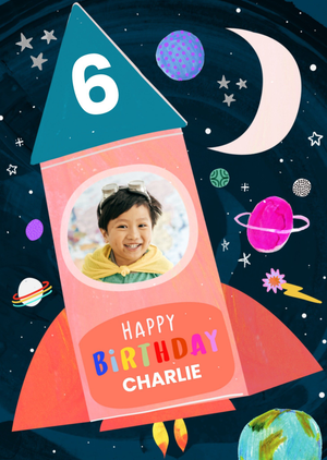 Moonpig Fun Katt Jones Illustrated Rocket Space Scene With Planets And Stars Photo Upload Birthday Card