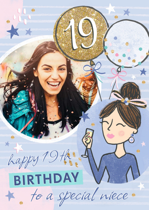Moonpig Illustration Of A Woman Drinking Wine Niece's Nineteenth Photo Upload Birthday Card