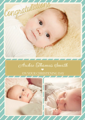 Moonpig Designers Teal And Striped Multi-Photo Christening Card